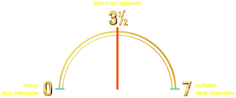 Sonship growth meter indicating transition from childhood to maturity, emphasizing God's favor for sons and new creation status, aligned with biblical teachings on spiritual development.
