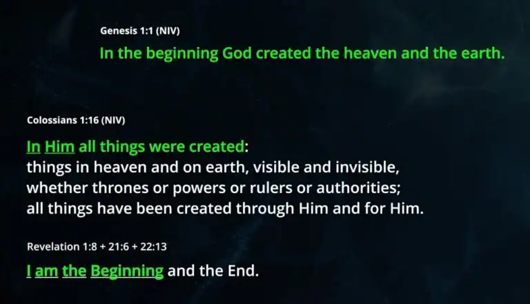 Genesis 1:1 NIV, Colossians 1:16 NIV, Revelation 1:8 + 21:6 + 22:13 scripture verses emphasizing God's creation and divine authority, highlighting the themes of Honor of Sonship, divine identity, and spiritual inheritance.