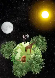 Earth surrounded by trees, animals including a giraffe and lion, with two people standing on top under a starry sky with the moon and sun, symbolizing harmony, spirituality, and divine connection.