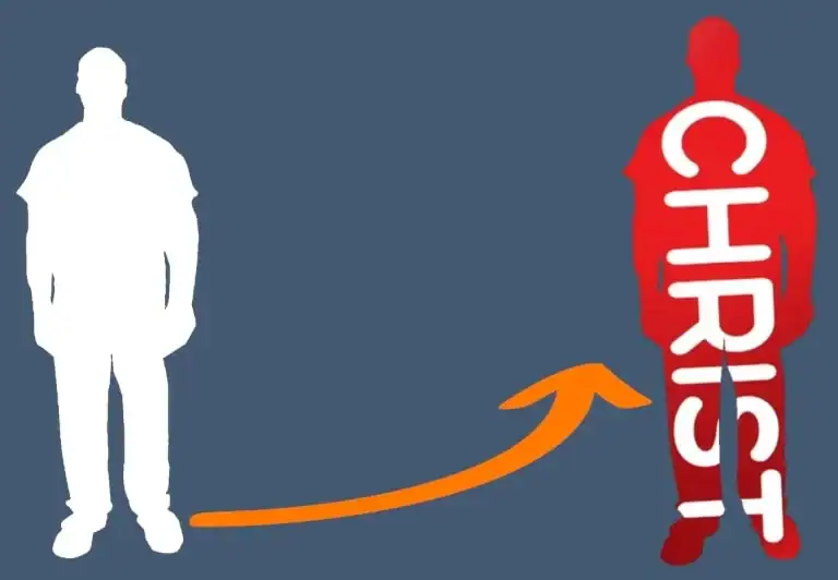 White silhouette of a man with an orange arrow pointing towards a red silhouette of a man with the word "CHRIST" written vertically, symbolizing spiritual growth and faith.