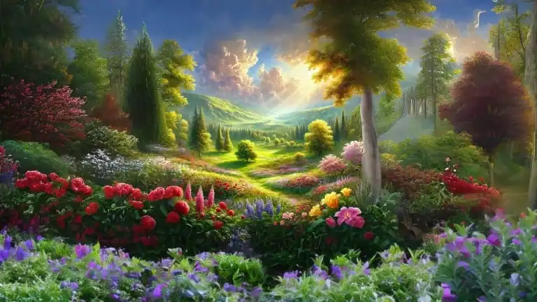 Vibrant lush garden landscape with colorful flowers, tall trees, rolling hills, and a bright sky, symbolizing peace, growth, and divine blessing in a spiritual setting.