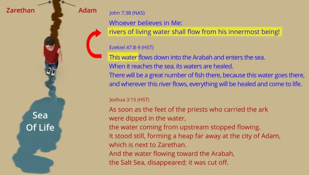 Rivers of living water, flow from innermost being, biblical water symbolism, spiritual healing, John 7:38, Ezekiel 47:8-9, Sea of Life, religious scripture, faith-based imagery, Honor of Sonship.