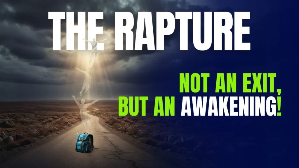 Symbolic representation of the Rapture: an abandoned backpack on a road leading to radiant light figures rising into the clouds, depicting the transition from fleshly thinking to a spiritual perspective.