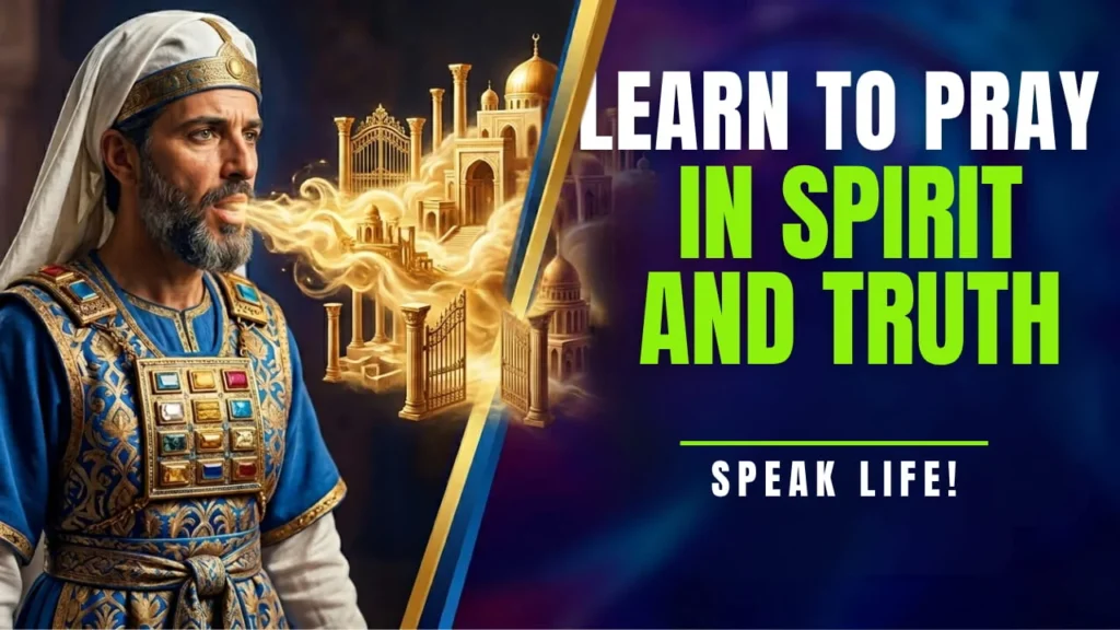 A cinematic YouTube thumbnail. On the left, a Middle Eastern high priest in ceremonial robes exhaling a glowing golden miniature temple city. On the right, large text in English: 'LEARN TO PRAY IN SPIRIT AND TRUTH; SPEAK LIFE!'.