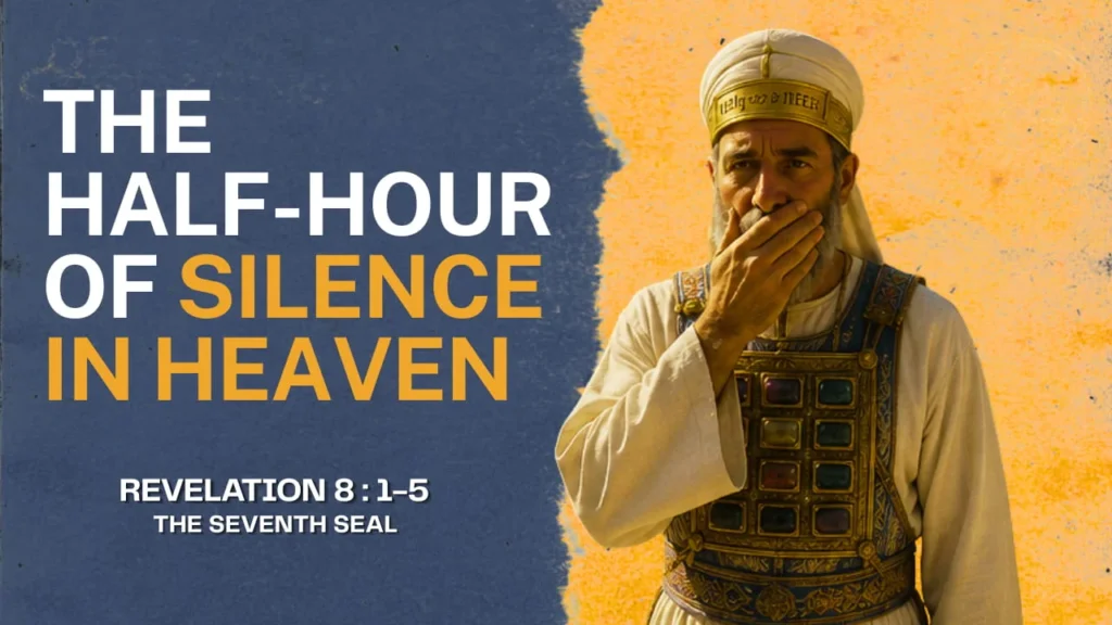 Thumbnail showing a high priest in ceremonial dress with a breastplate of twelve gemstones, holding his hand over his mouth as a gesture of silence. Text reads: 'The Half Hour of Silence in Heaven — Revelation 8:1-5, the Seventh Seal.' Background in blue and ochre with a torn-edge effect.